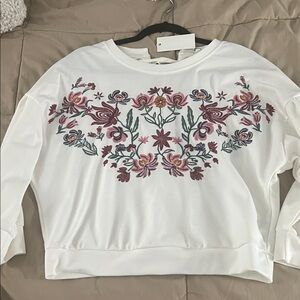 Lulumari White Sweatshirt with Pink & Green Floral Embroidery